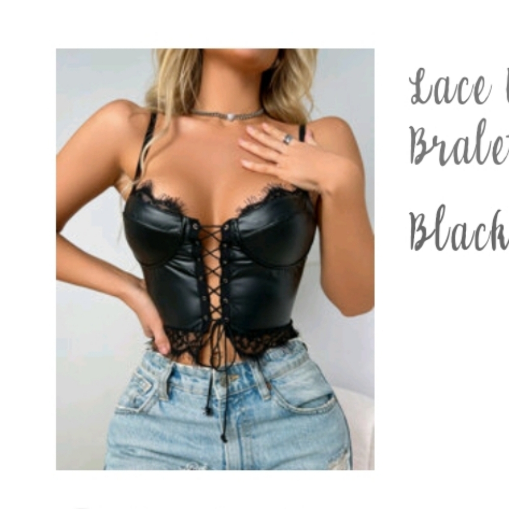 Elegant Black Faux Leather And Lace Corset Top​